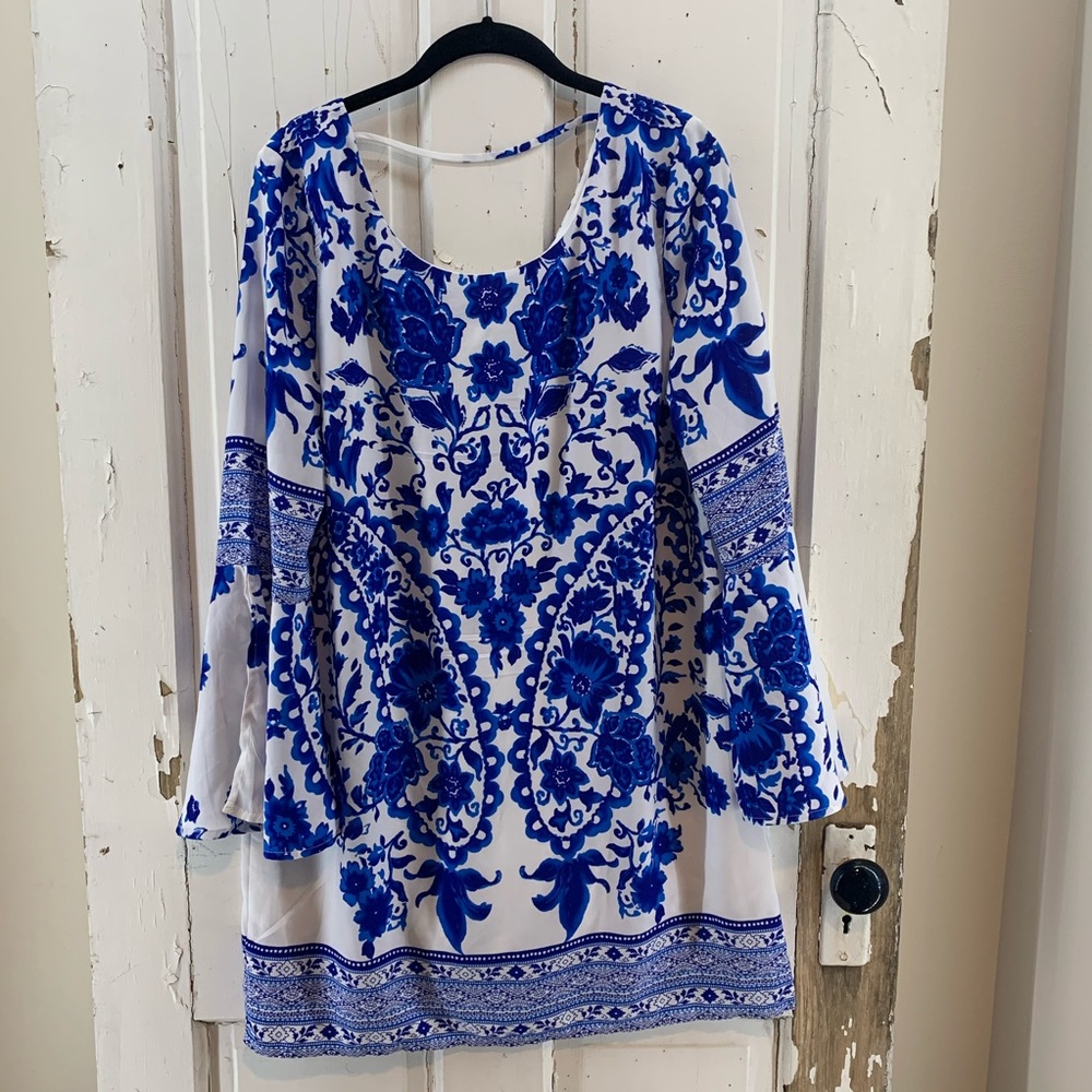Pink Owl Blue and White Floral Dress